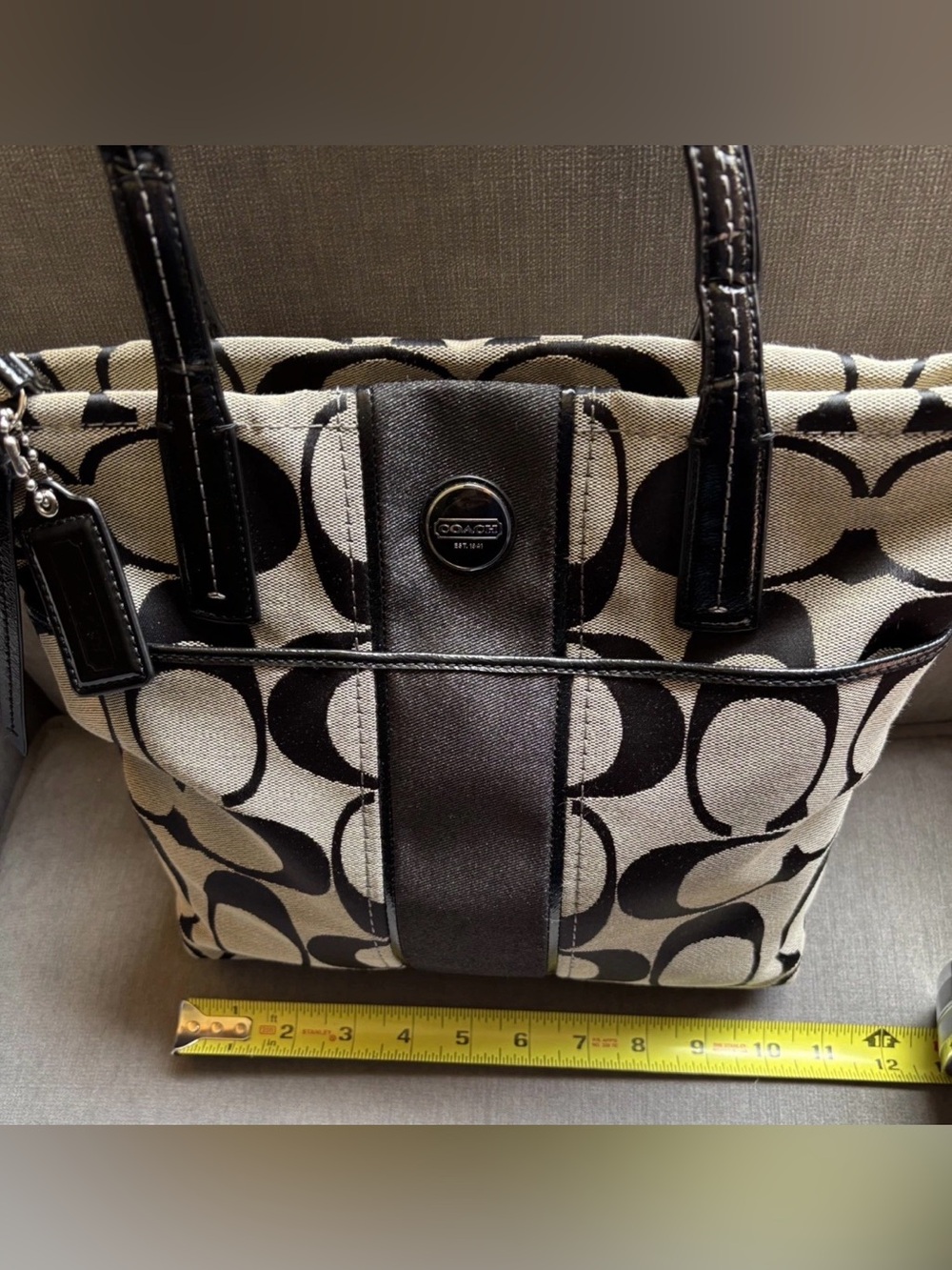 Coach F25771 Signature Stripe Tote Black/Khaki Patent Leather Trim Shoulder Bag - Picture 4 of 16